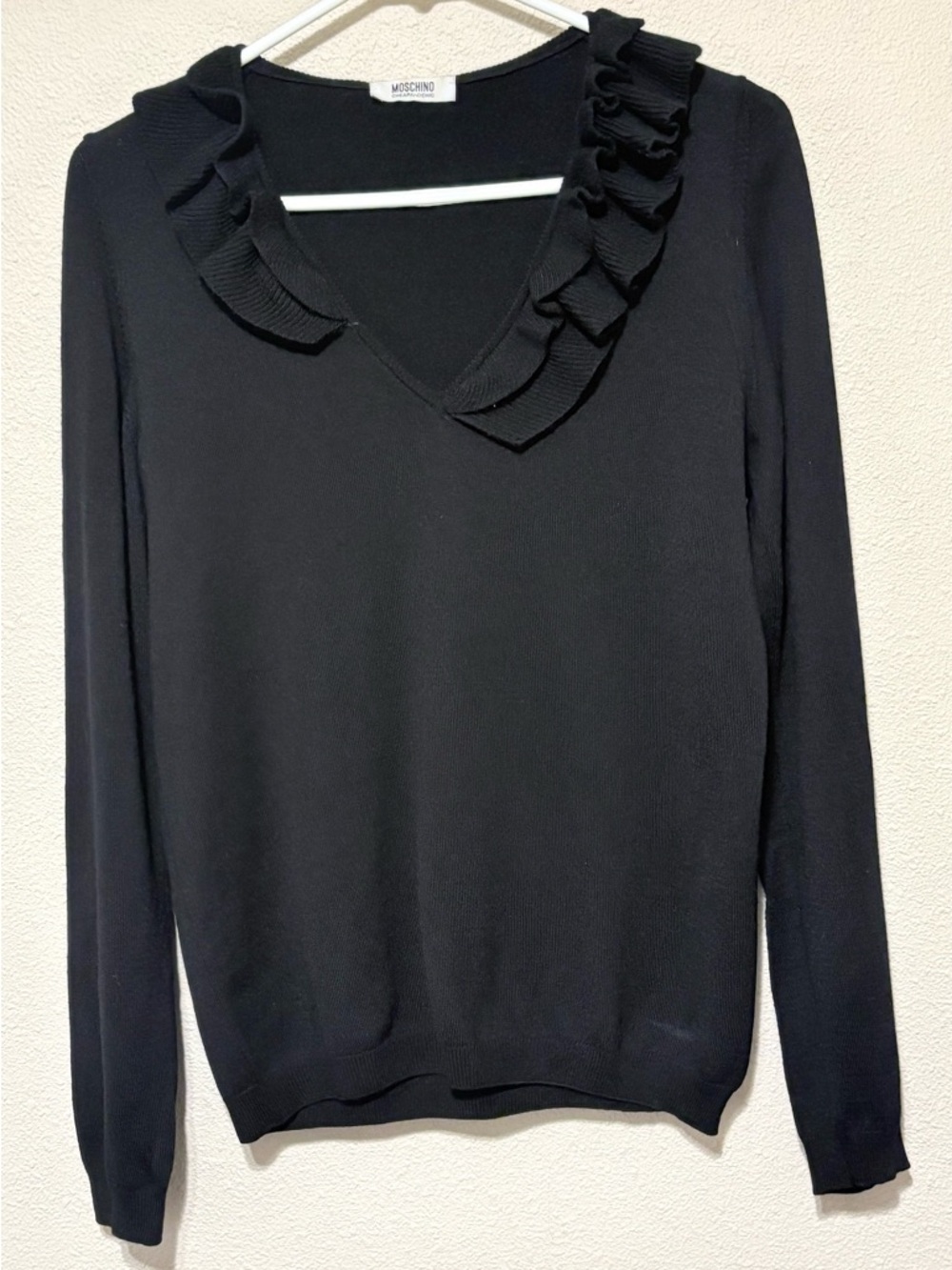 Moschino Black Ruffle-Trim V-Neck Sweater